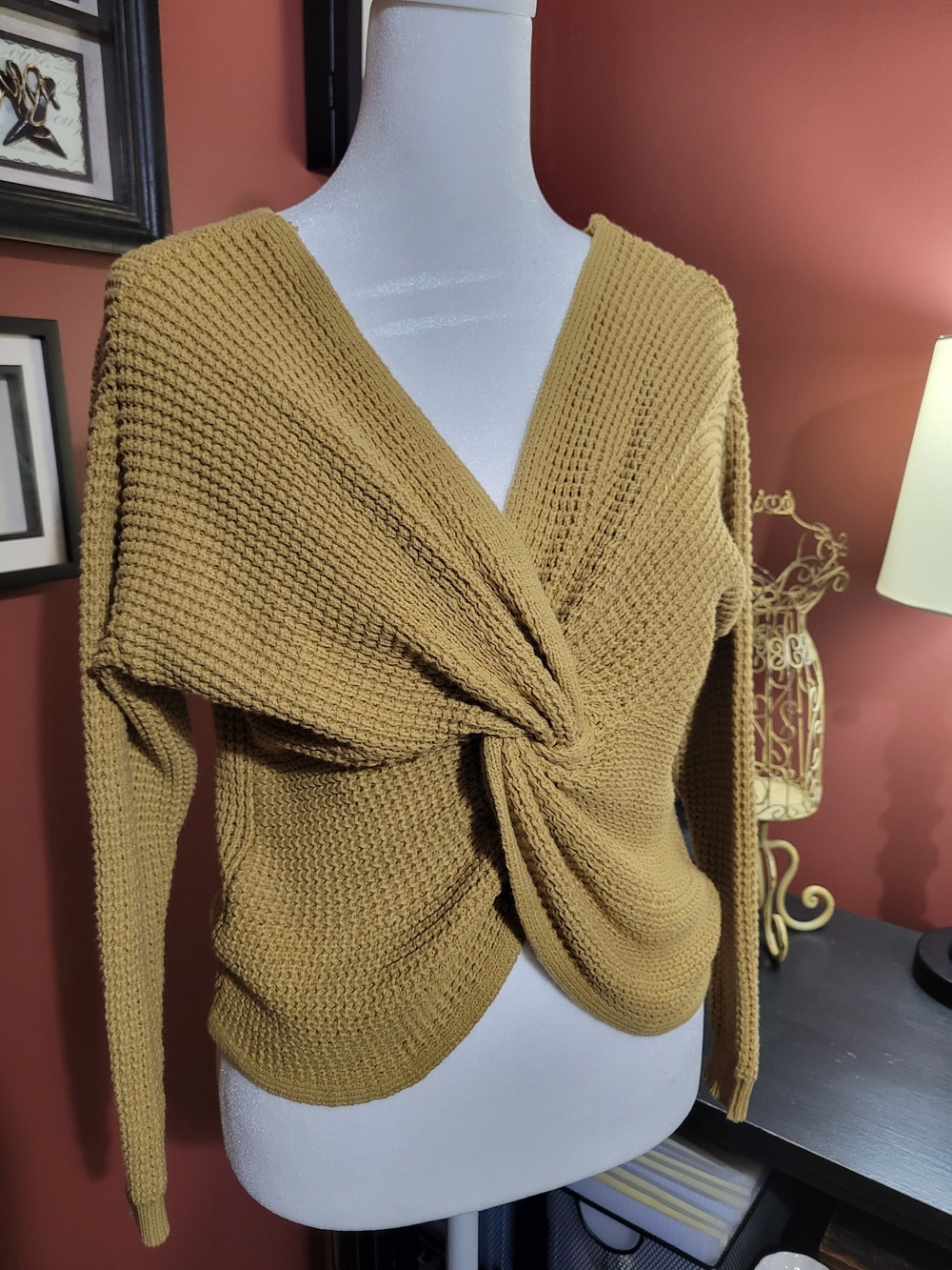 moon & madison Mustard Twist-Front V-Neck Sweater